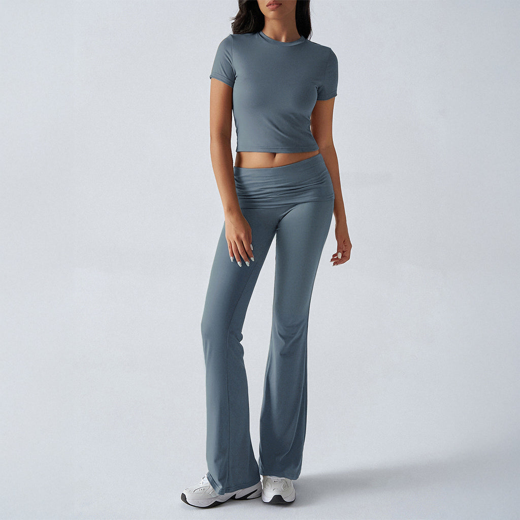 Women Solid Slim Short Sleeve Pants Casual 2 Piece Set