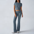 Women Solid Slim Short Sleeve Pants Casual 2 Piece Set