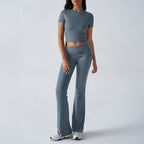 Women Solid Slim Short Sleeve Pants Casual 2 Piece Set