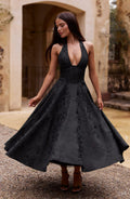V Neck Halter Jacquard Backless Waist Long Evening Dress Women