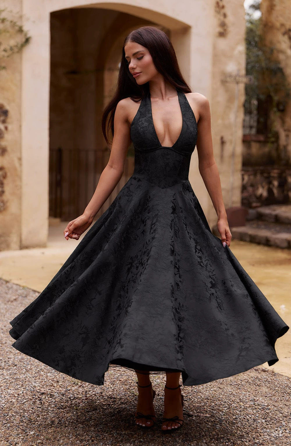 V Neck Halter Jacquard Backless Waist Long Evening Dress Women