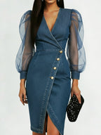 Elegant Sexy Mesh Sheer Panel Sleeves Denim Dress