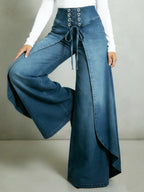 Retro High-waisted Ruffled Hem Tie-waist Loose-fitting Denim Jeans