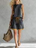 Women's Round Neck Sleeveless Casual Loose Vest And Elastic Waist Casual Loose Shorts Cotton And Linen Set.