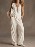 Women's Casual V-neck Sleeveless Wide-leg Pants Set Loose Fit